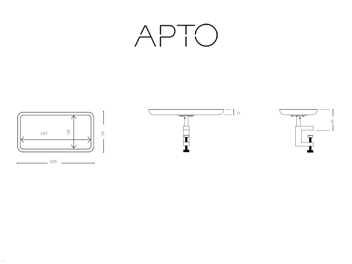 APTO Table Shelf Bamboo Stiftablage, 297x136mm Bambus mit Tischklemme mattschwarz technische Zeichnung