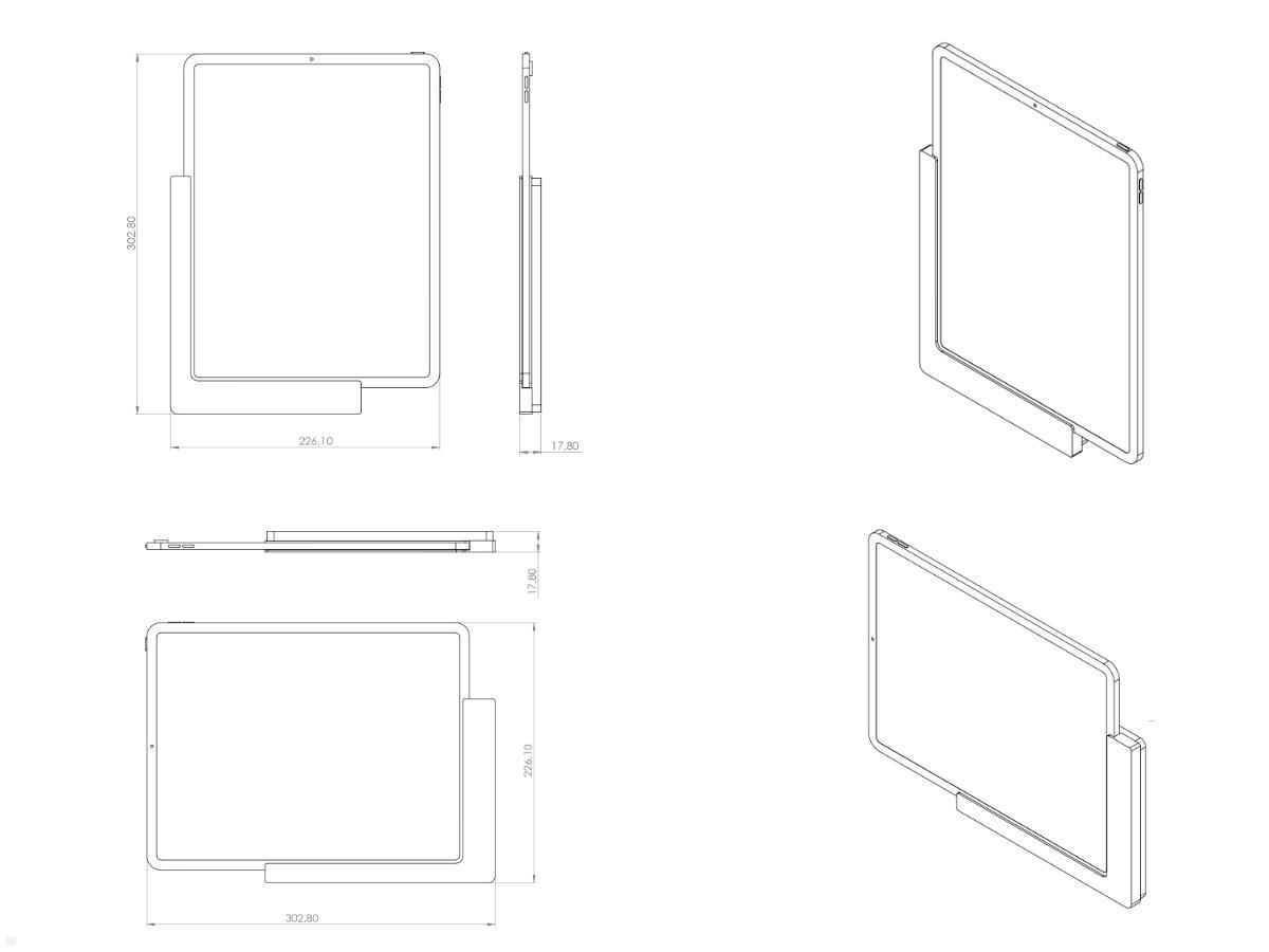 TabLines TWP006W Wandhalterung für iPad Pro 12.9 (3./4.Gen.), weiß, Zeichnung Maße mit Tablet