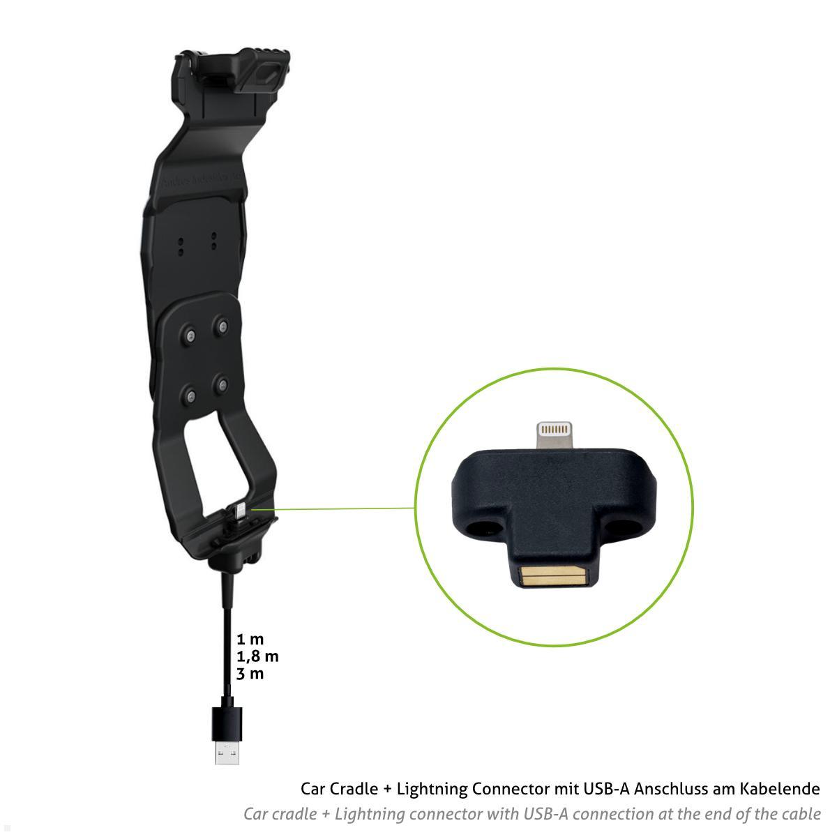 Andres Industries Car Cradle Auto Lightning Ladestation mit aiShell 10 Schutzgehäuse, 1,8m, schwarz Detail Lightning Connector