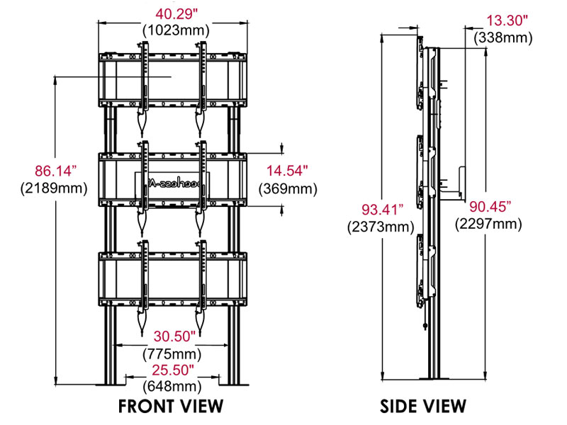 peerless Modulare Videowand-Standhalterung DS-S560-1X3 Frontal und Seite Maße