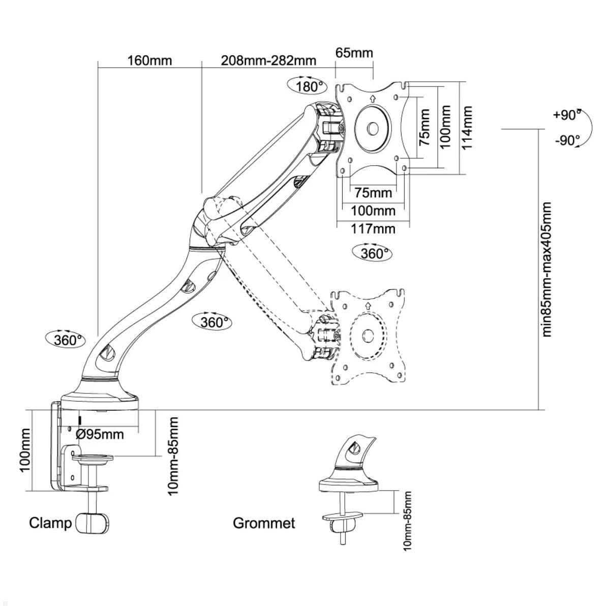 Neomounts Select Display Tischhalterung 10-30 Zoll, Technische Zeichnung