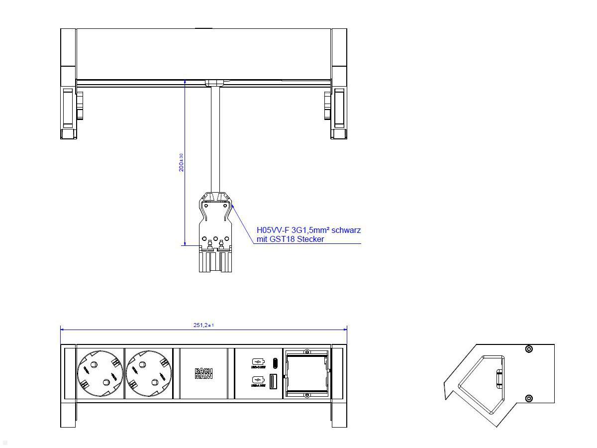 Bachmann DESK 2, 2x Steckdose, 1 USB-C /-A Charger, 1 CM (937.304) , techn. Zeichnung