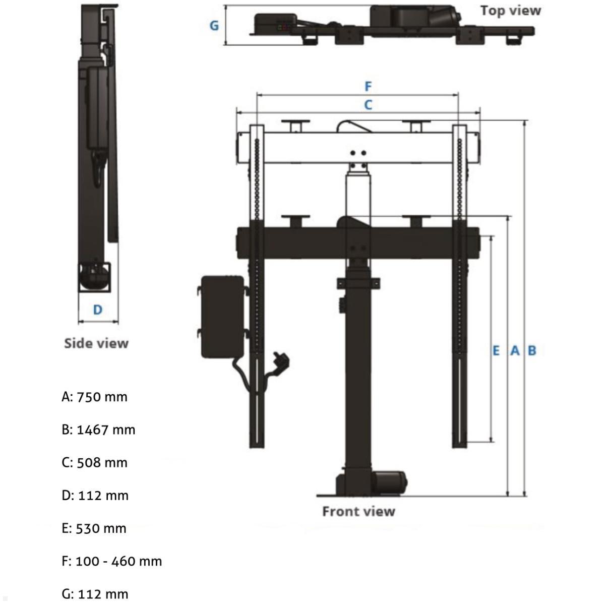 MonLines MLS017BSV TV Lift bis 50 Zoll, drehbar 225L / 90R, automatische Klappe, technische Zeichnung