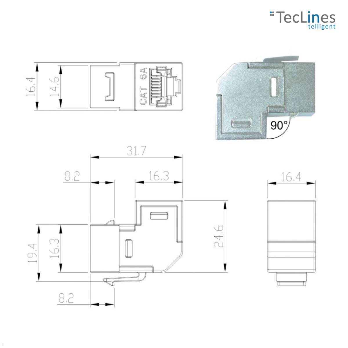  TecLines TKM008 Keystone Modul CAT6a RJ45 / Winkel, Buchse/Buchse technische Zeichnung