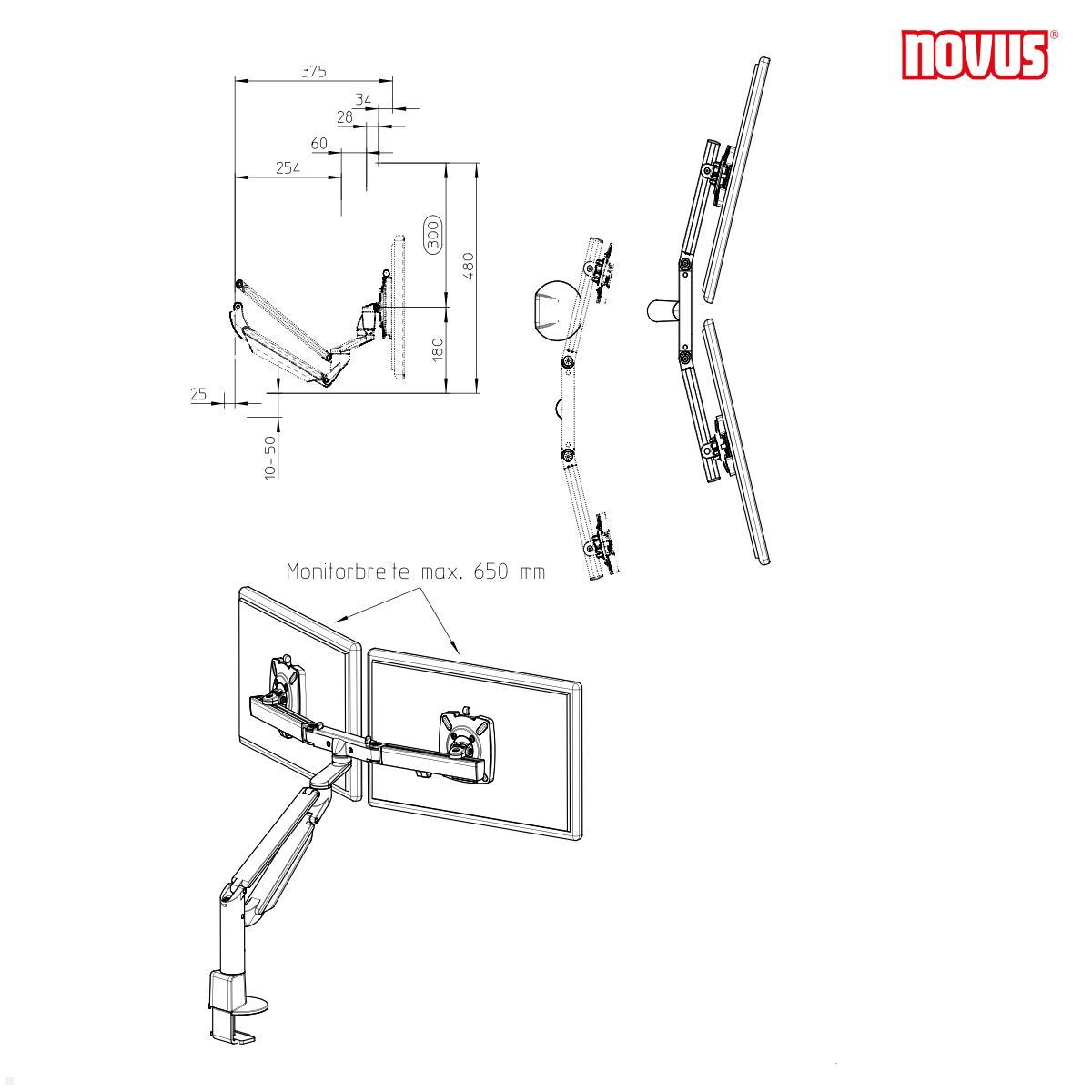 Novus Clu Plus X2 C Monitorhalterung für 2 Monitore bis 27Zoll (992+2011+000), weiß technische Zeichnung