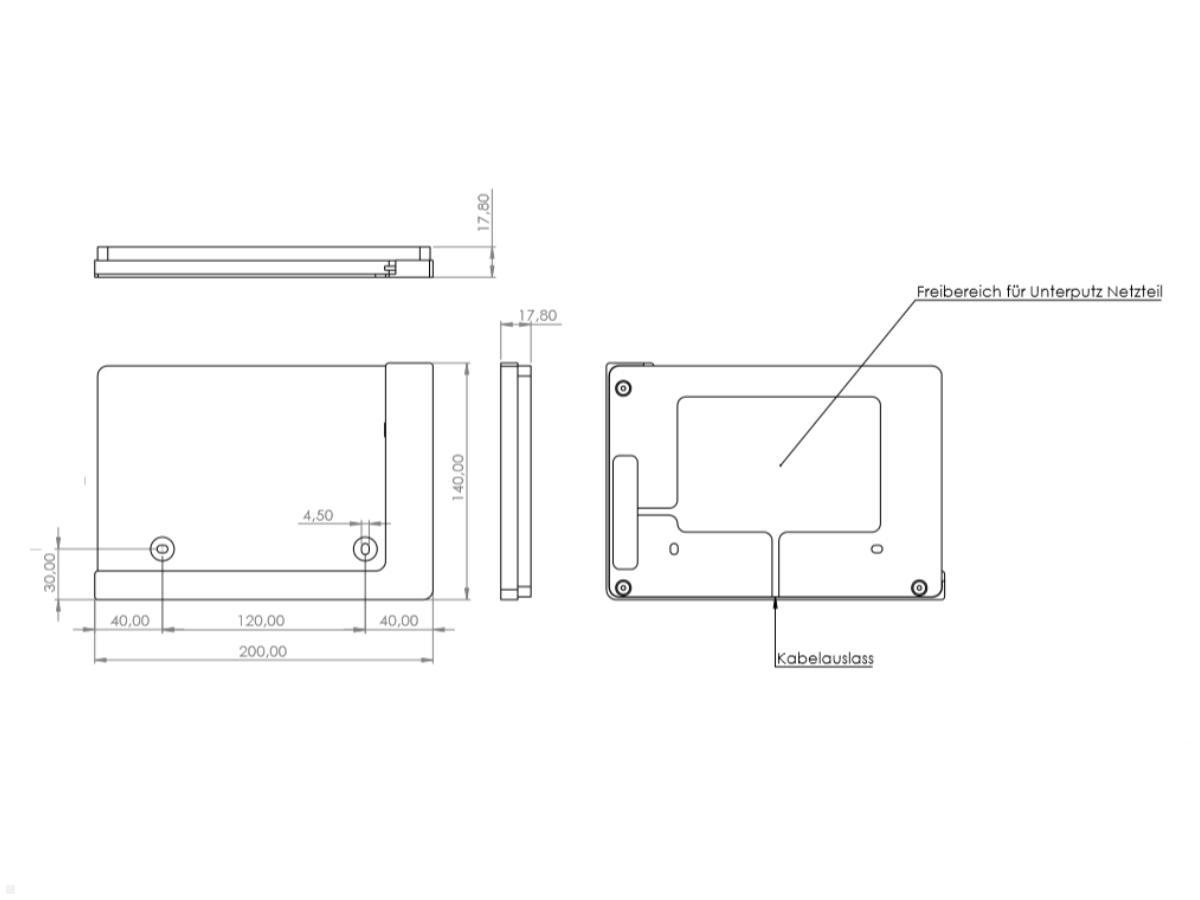 TabLines TWP003B Wandhalterung für iPad Pro 11.0, schwarz, Zeichnung Maße Installation