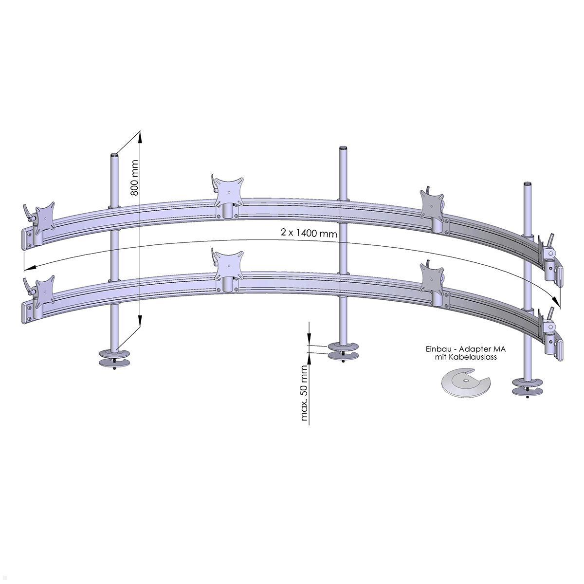 MonLines MTH297G Para 4+4 Monitor Tischhalter Einbau bis 32 Zoll, grau, Zeichnung Maße