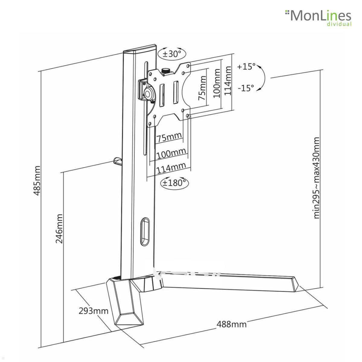 MonLines MTS500B Gaming Tisch Monitorständer bis 32 Zoll, höhenverstellbar technische Zeichnung