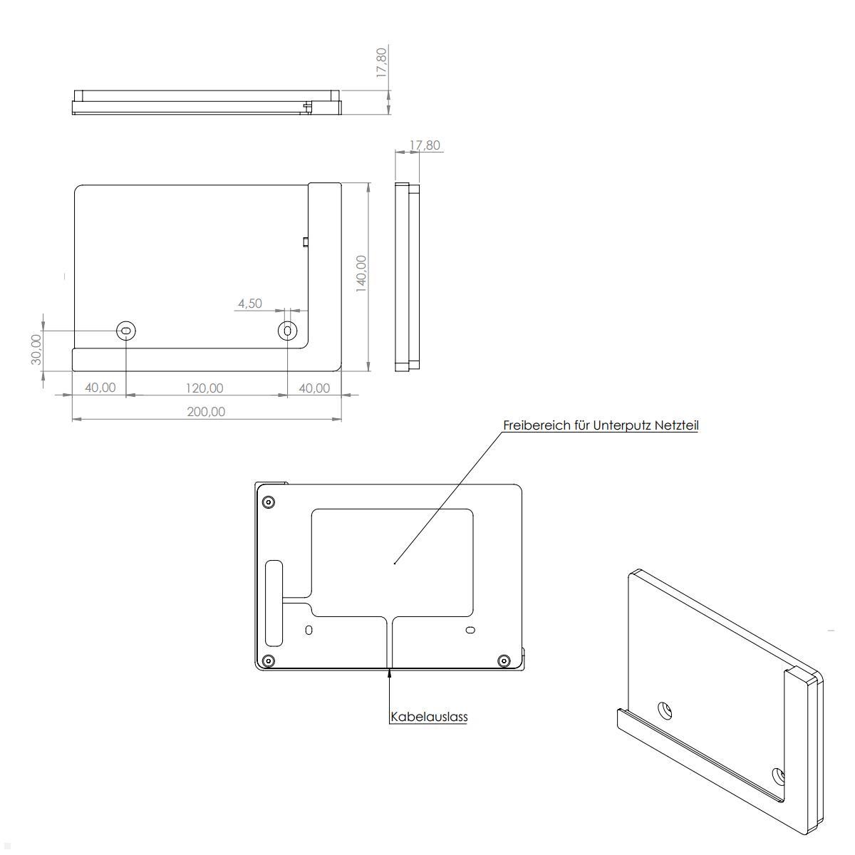 TabLines TWP010B Wandhalterung für Apple Air 1 9.7, schwarz, Zeichnung Maße ohne Tablet