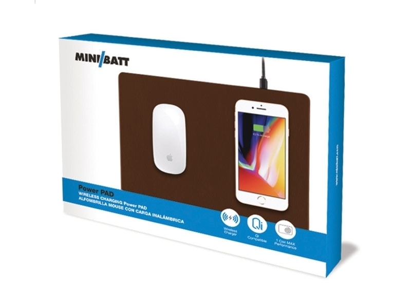 miniBatt MB-PADBW Mousepad mit Qi-Ladestation, braun Verpackung