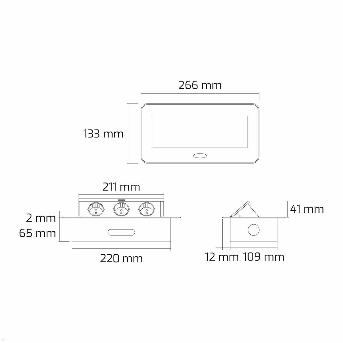 TecLines TES012S 3-fach Einbau Steckdose mit 1,5m Kabel, Maße