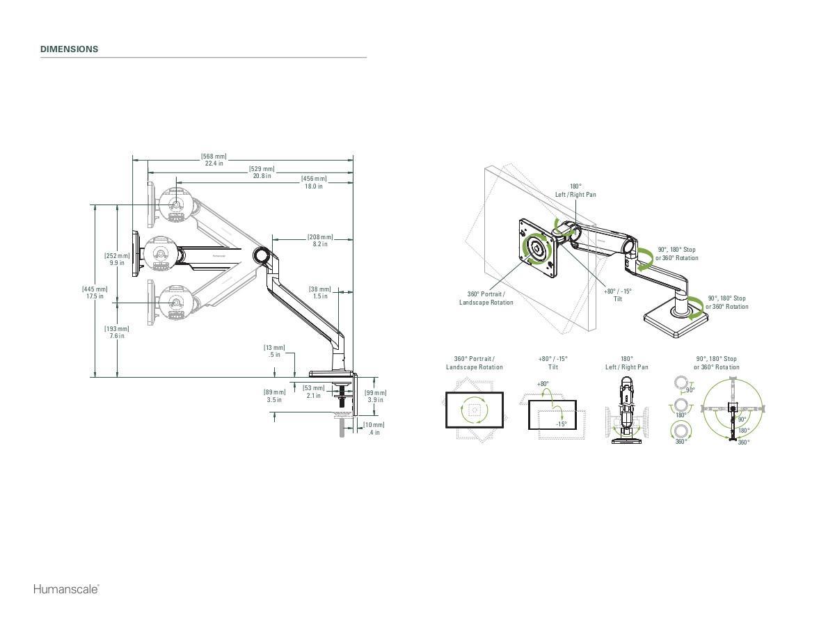 Humanscale M2.1 Monitor Tischhalterung Klemme, weiß, Technische Zeichnung