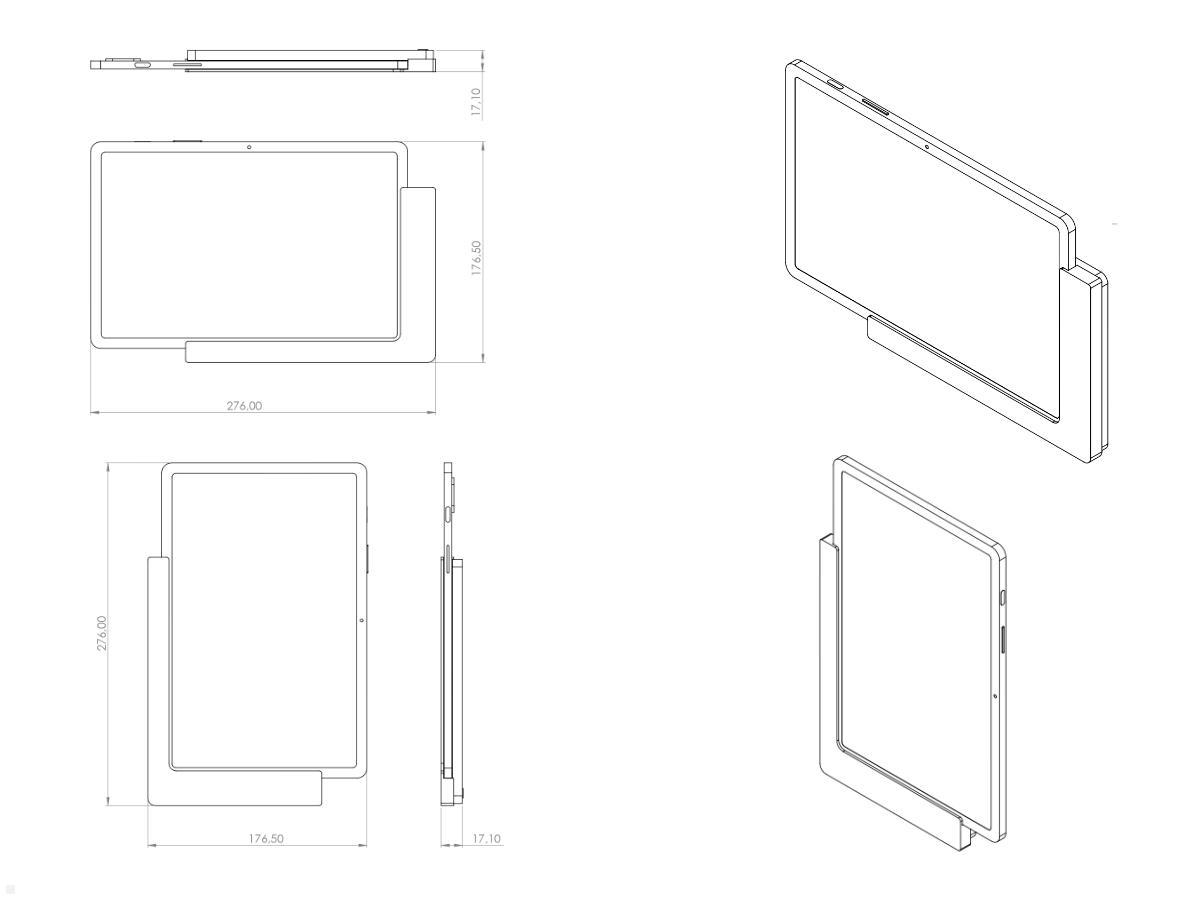 TabLines TWP007B Wandhalterung für Samsung Tab S7 11.0, schwarz, Zeichnung Maße mit Tablet