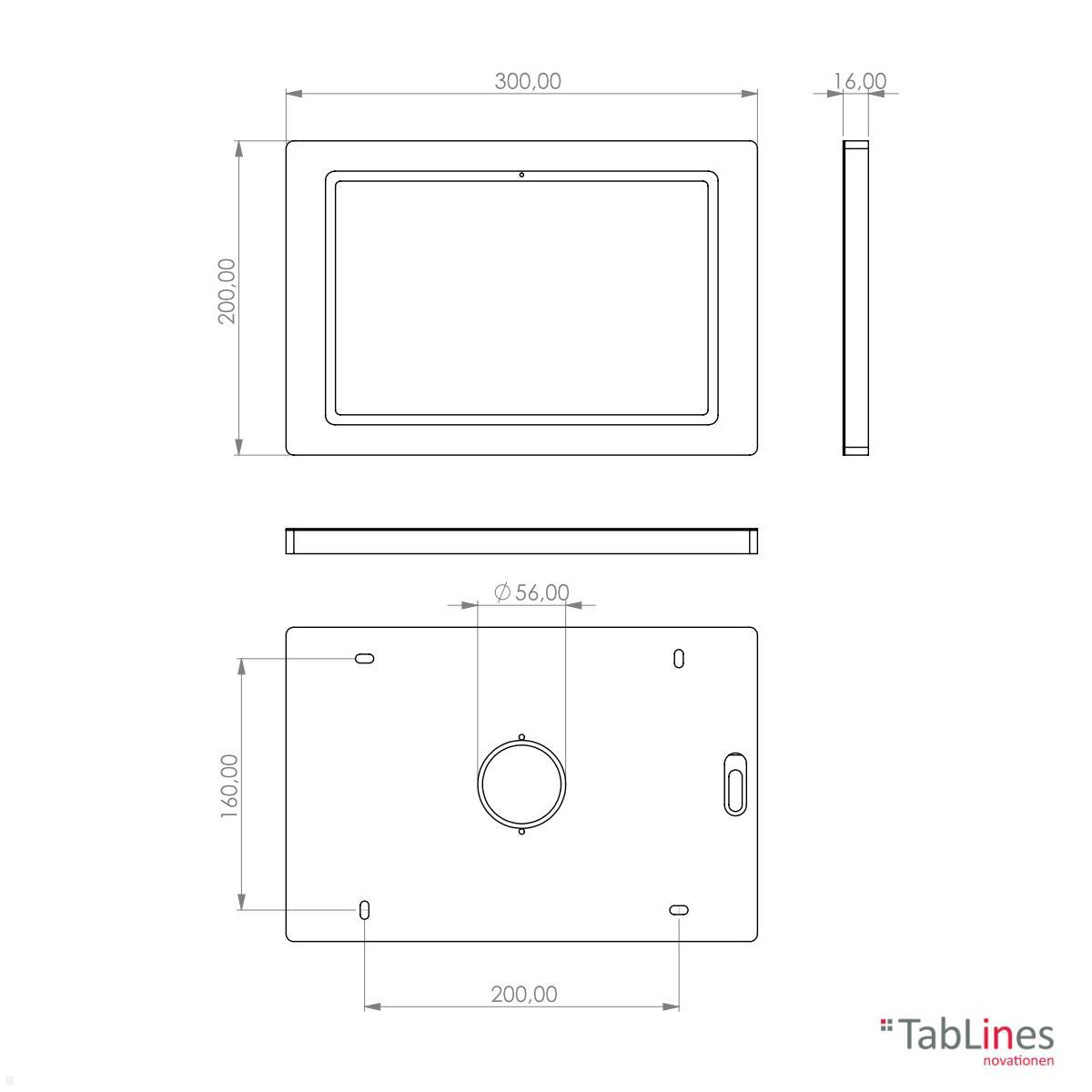 TabLines TWH052B Tablet Wandhalterung für Samsung Tab S9 FE 10.9, schwarz technische Zeichnung