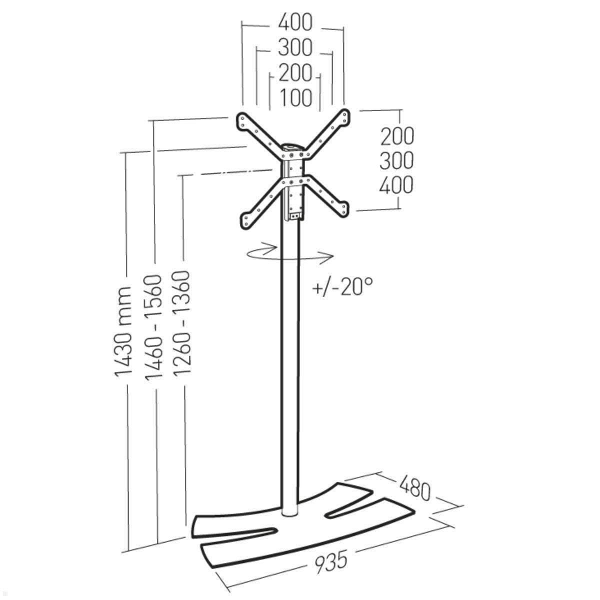 Erard LUX-UP 1400L Fernseh Ständer 30 - 65 Zoll, weiß, Technische Zeichnung