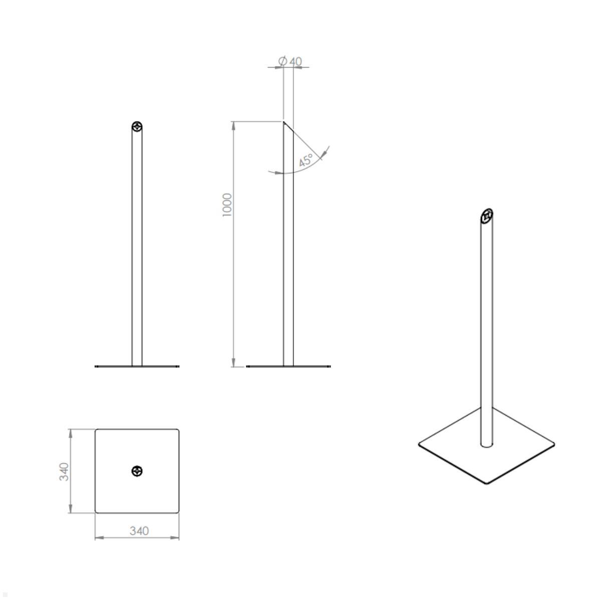 TabLines TBSfix001W Bodenständer mit Universal Tablethalter bis 11 Zoll, Zeichnung Maße Ständer