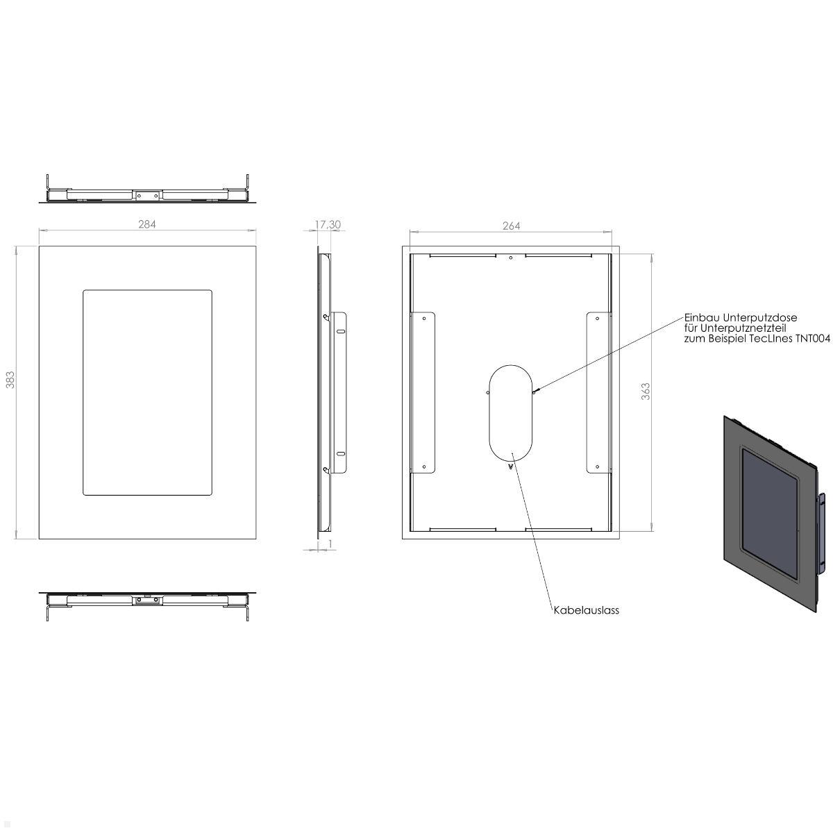 TabLines TWE124B Tablet Wandeinbau für Samsung Tab S10+ 12.4, schwarz, technische Zeichnung