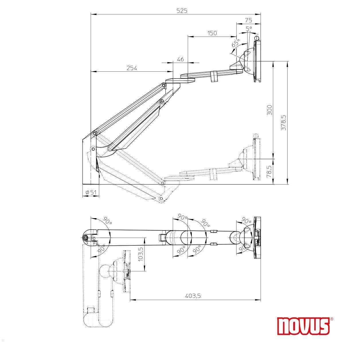 Novus Clu Plus Monitorhalterung für TSS-Säule bis 40 Zoll, silber (991+0119+000) technische Zeichnung Arm