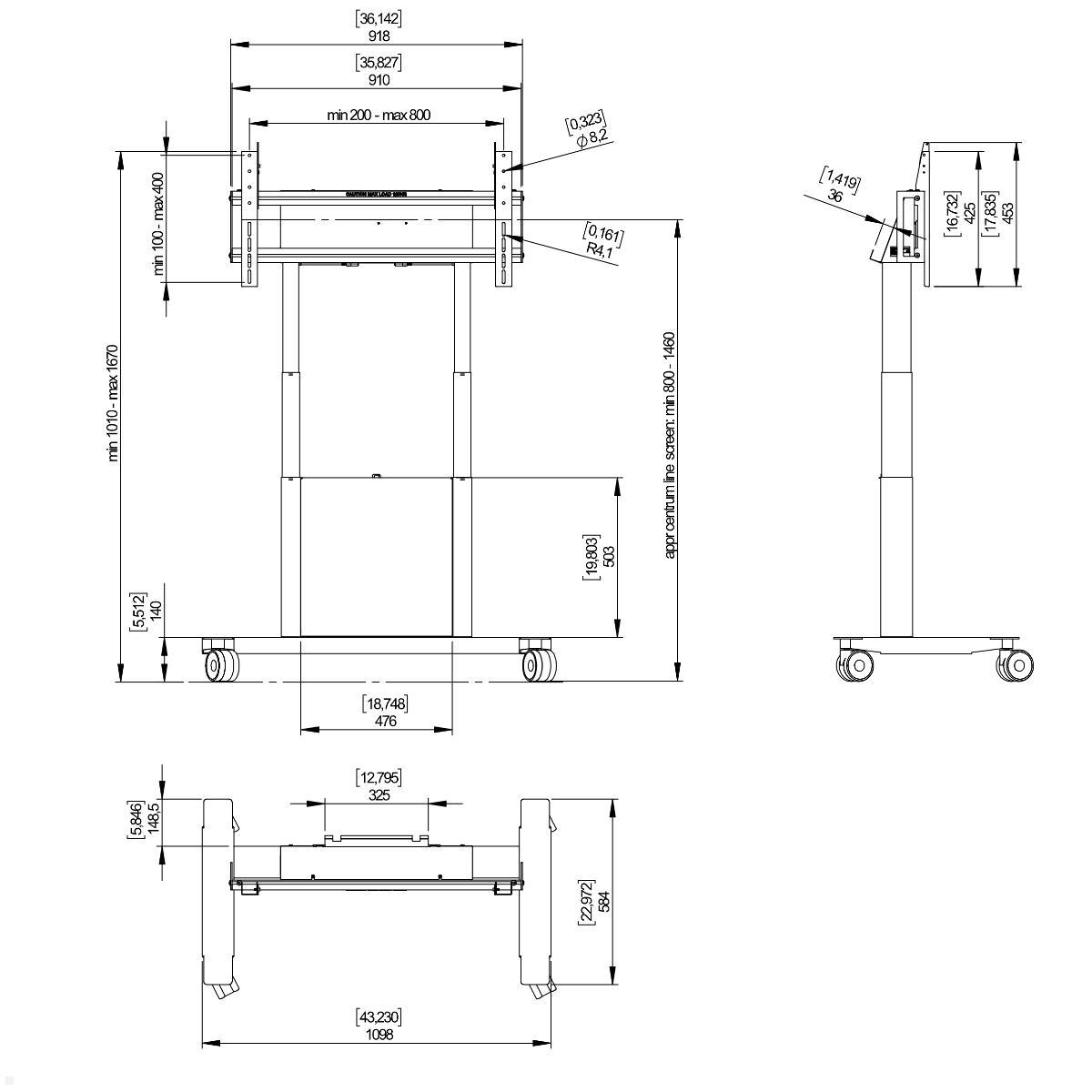 SMS Func Mobile Monitorständer elektrisch höhenverstellbar (FMT031001) schwarz, technische Zeichnung