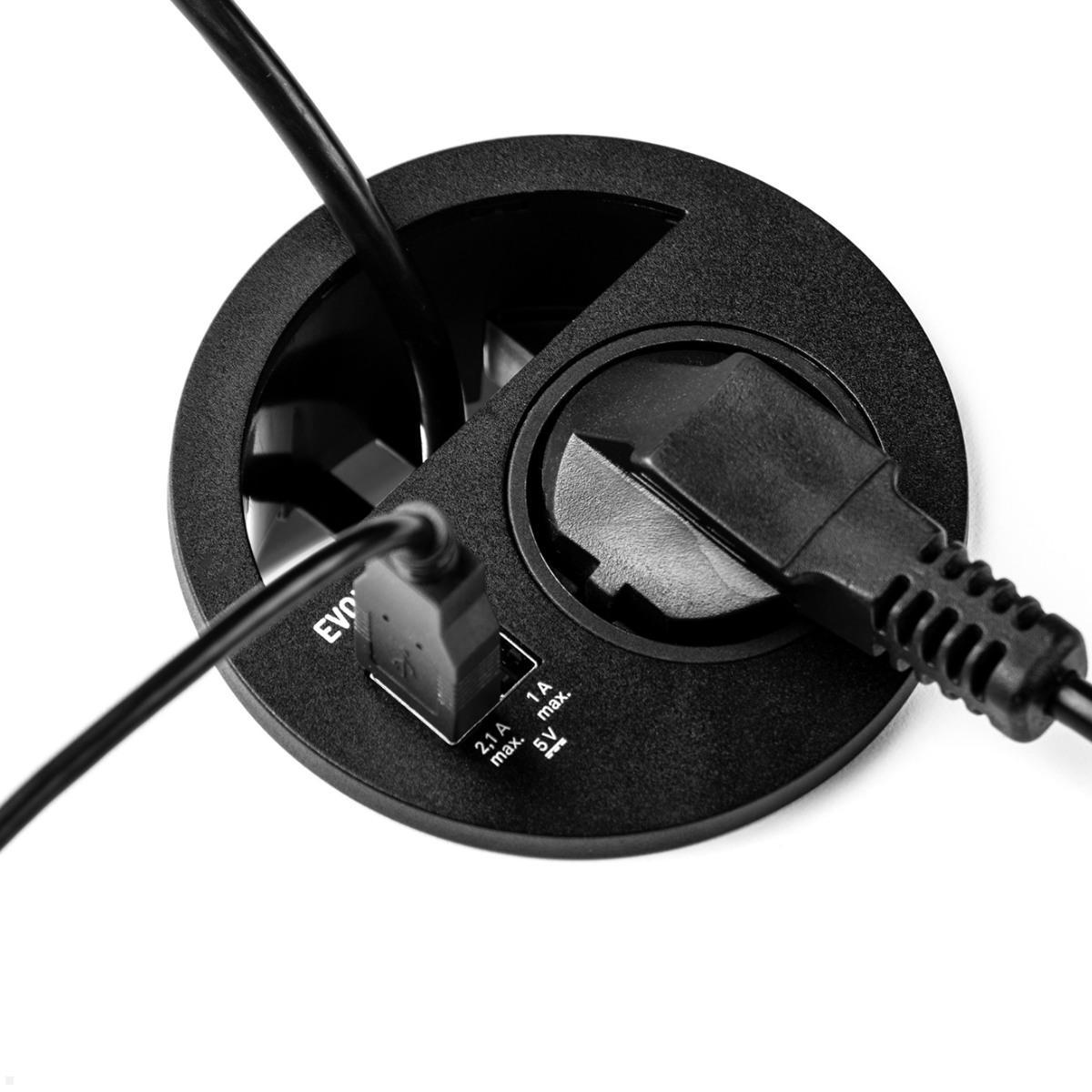 EVOline Circle80 Einbausteckdose mit 1x USB-A / 1x USB-C Charger, schwarz Winkelstecker