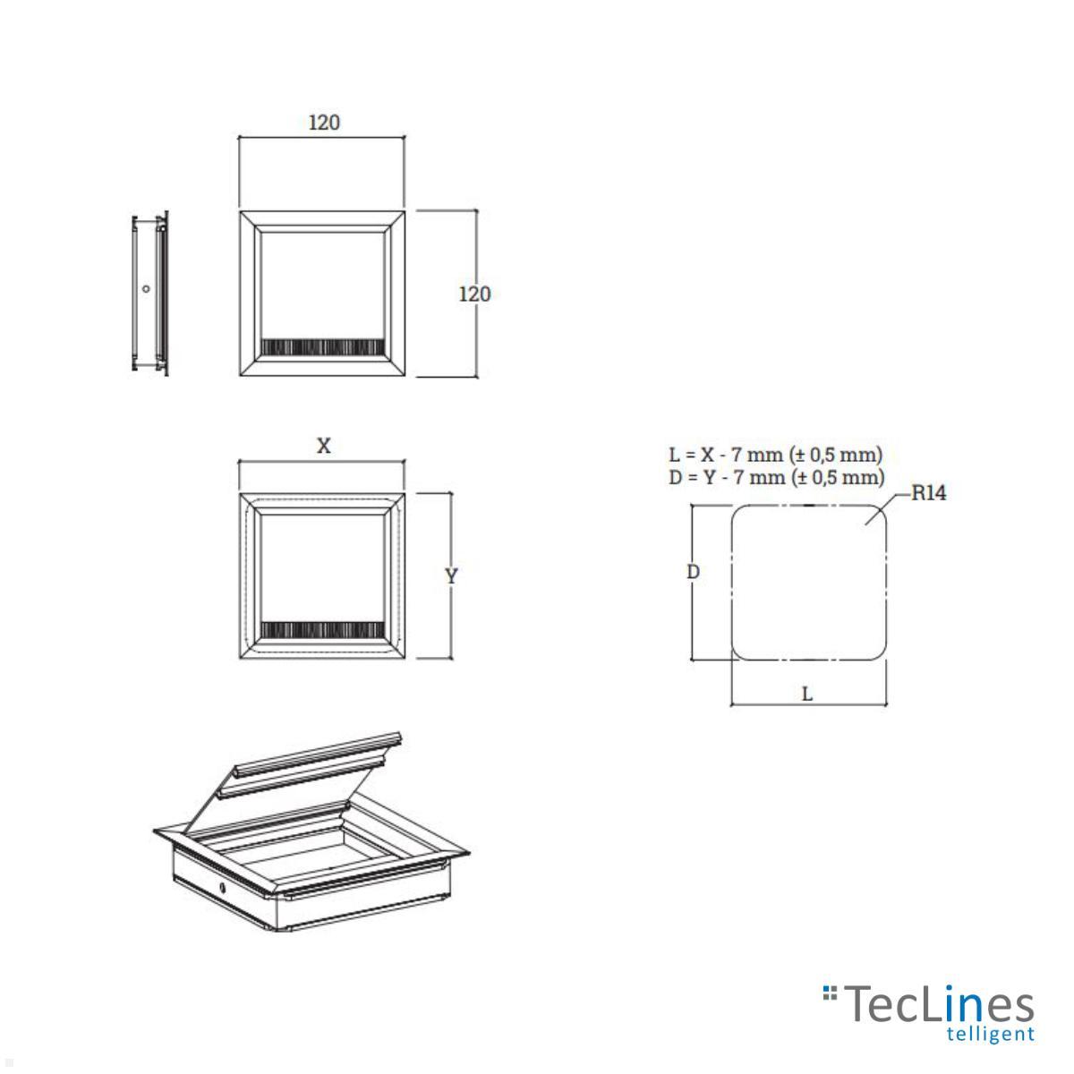 TecLines TKD014S Kabeldurchführung 120x120mm, silber/schwarz technische Zeichnung