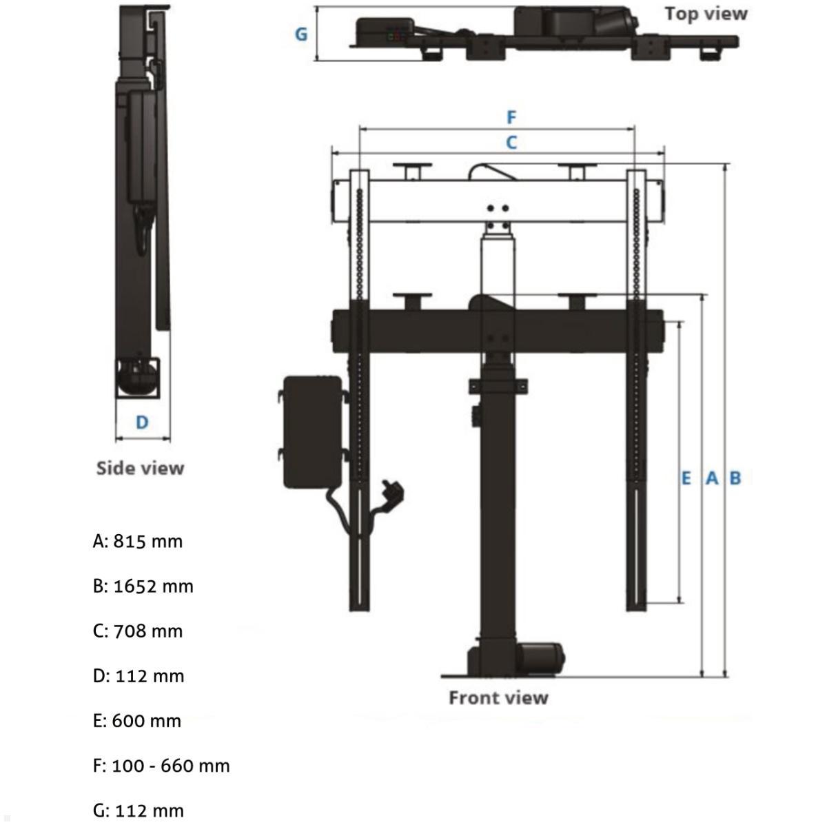 MonLines MLS018B TV Lift bis 60 Zoll, drehbar 90L / 225R, automatische Klappe, technische Zeichnung