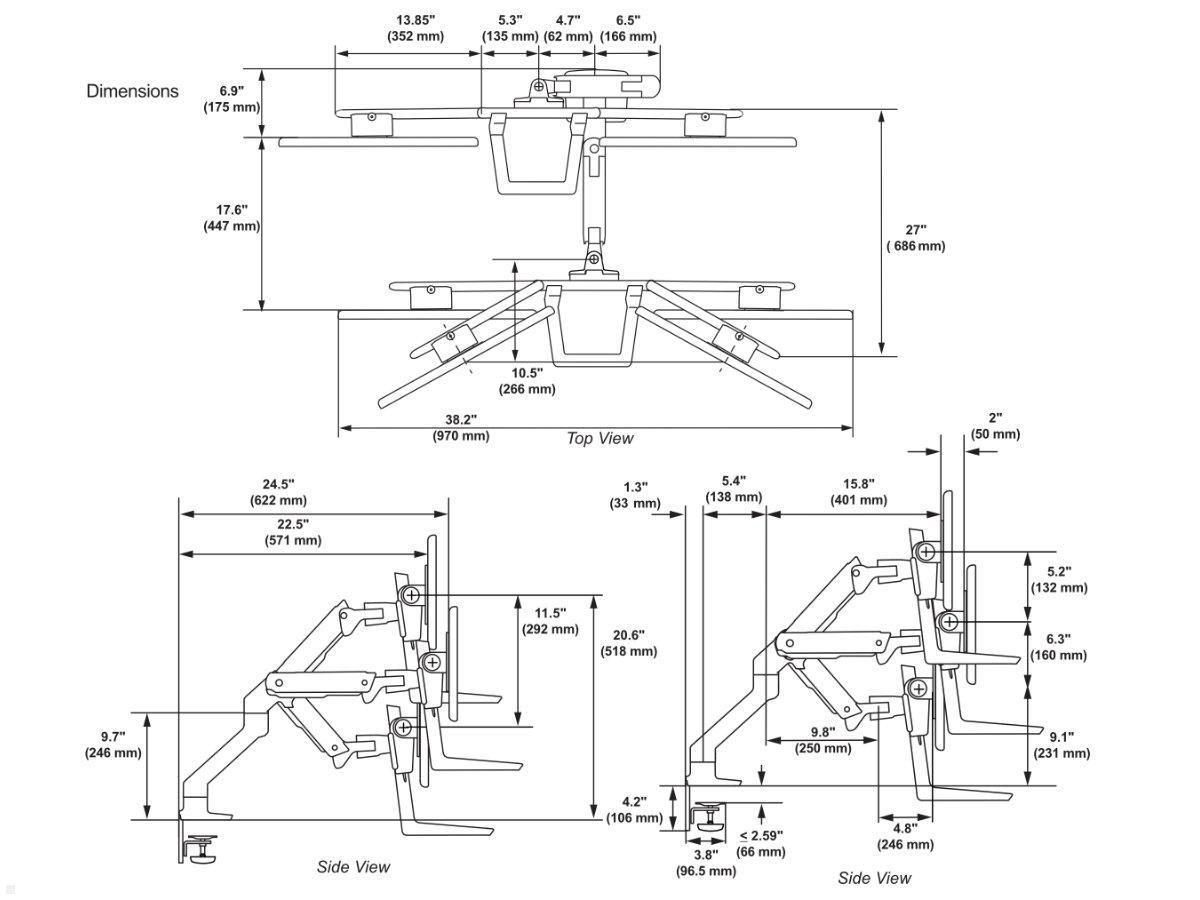 Ergotron HX Arm Dual Monitor Tischhalterung, schwarz (45-476-224), technische Zeichnung