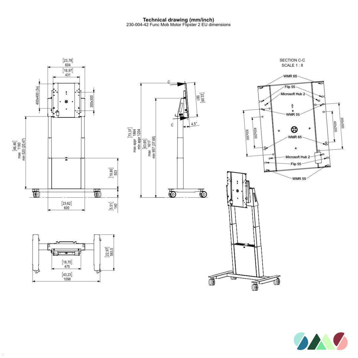 SMS Func Mobile Flipster 2 elektrischer Monitorständer bis 65 Zoll, drehbar, schwarz (230-004-12) technische Zeichnung