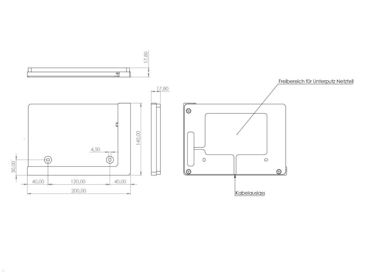 TabLines TWP004S Wandhalterung für iPad 10.2 (7./8. Gen.), silber, Zeichnung Maße Installation