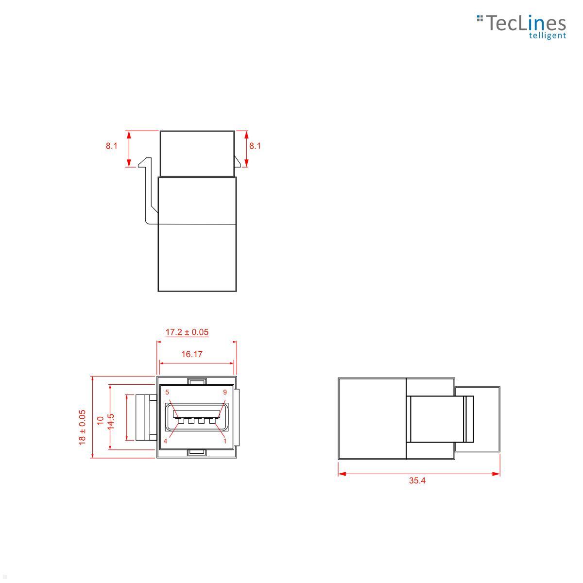 TecLines TKM013W USB-A 3.0 Keystone Modul Buchse/Buchse, weiß technische Zeichnung