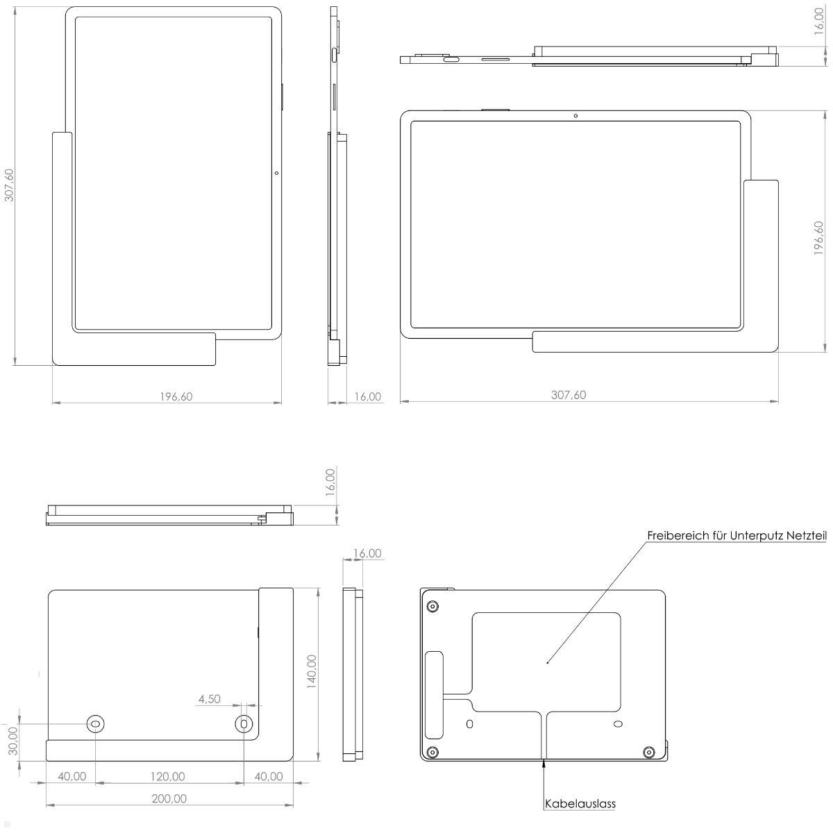 TabLines TWP042B Wandhalterung für Samsung Tab S10+ 12.4, schwarz, technische Zeichnung