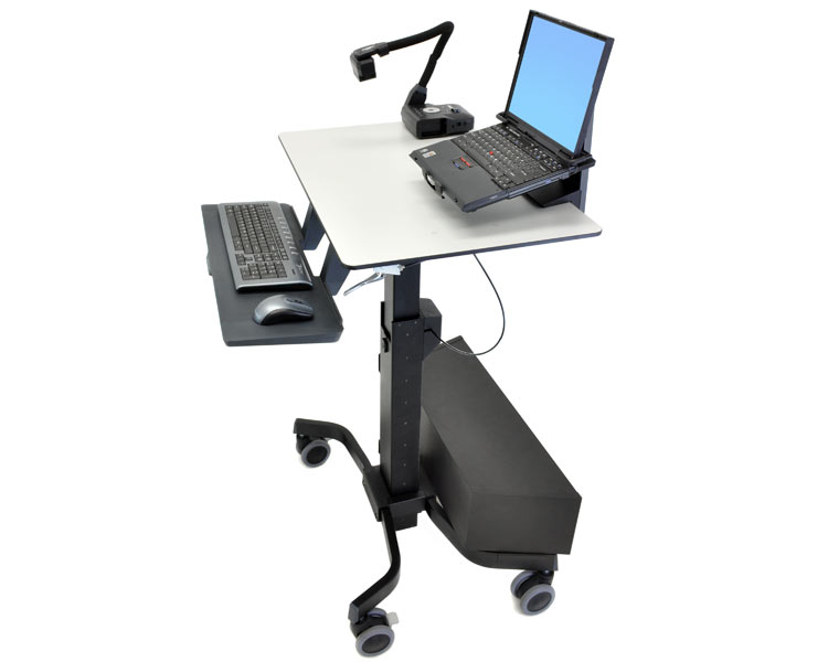 Ergotron TeachWell Steh Sitz Tisch mit Ablage und Rollen (24-220-055), seitliche Ansicht