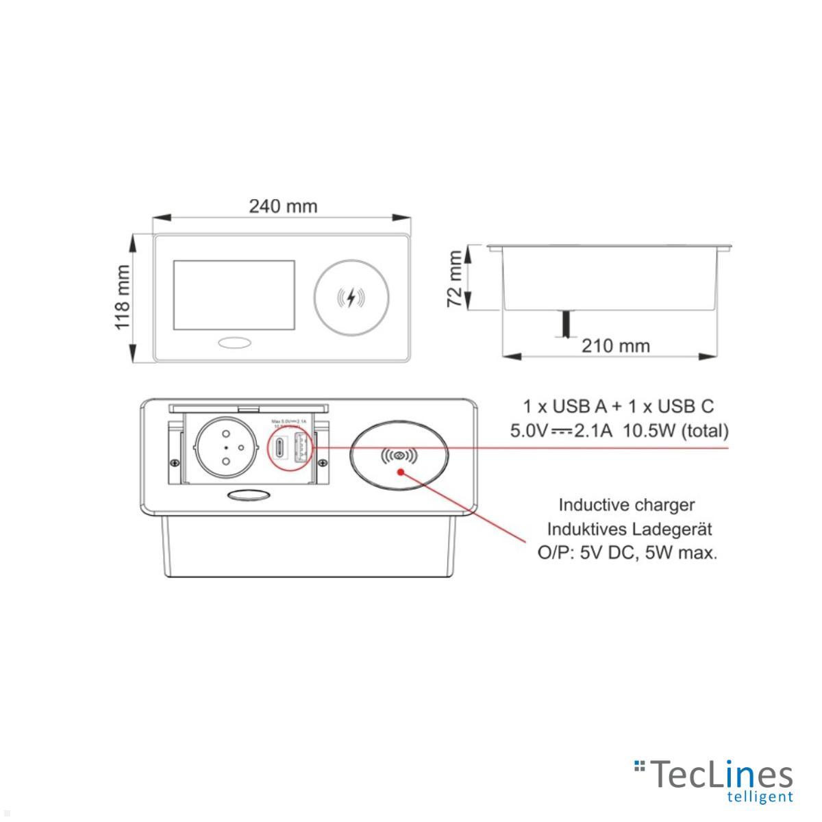 TecLines TES015B Einbau Steckdose mit USB A/C Charger, Qi, schwarz Zeichnung