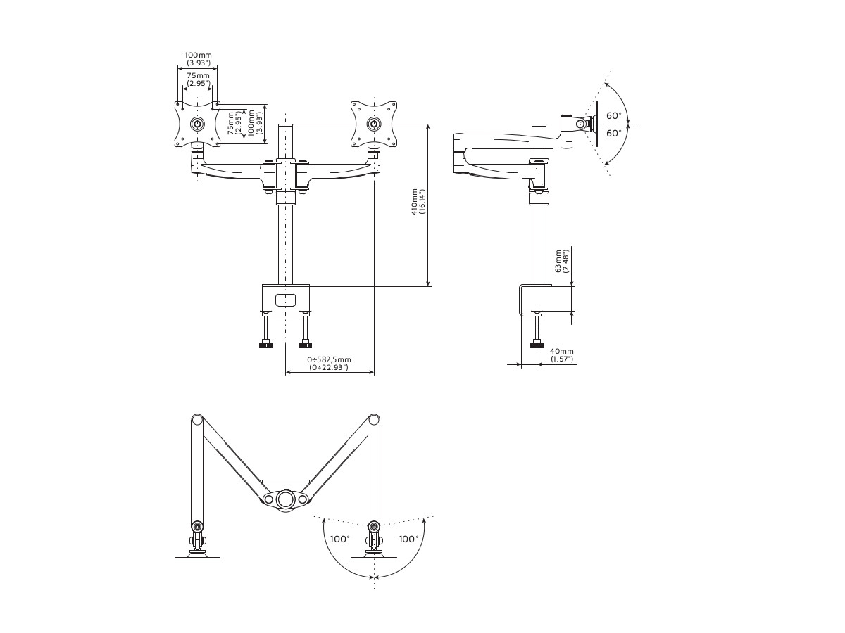 Edbak DM121 Dual Display Tischhalterung schwenkbar, 19-27 Zoll technische Zeichnung