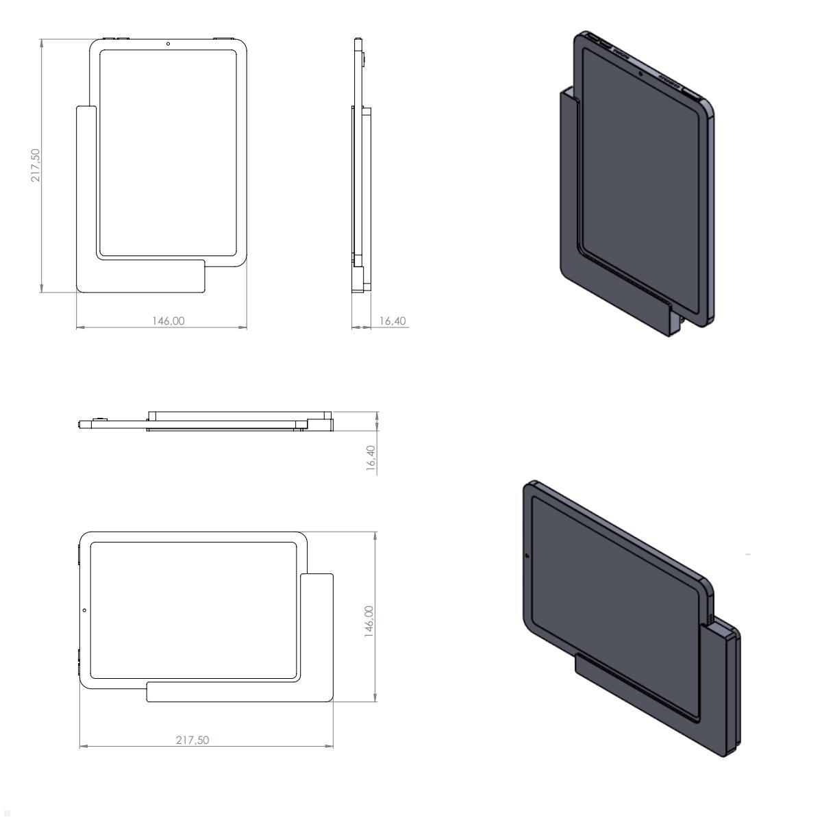 TabLines TWP019S Wandhalterung für Apple iPad Mini 6 (2021), silber, Zeichnung Maße mit Tablet