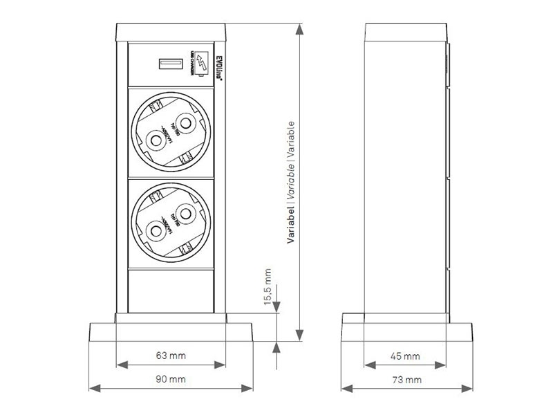 EVOline Up 2x Steckdose mit USB Charger, vertikal Zeichnung