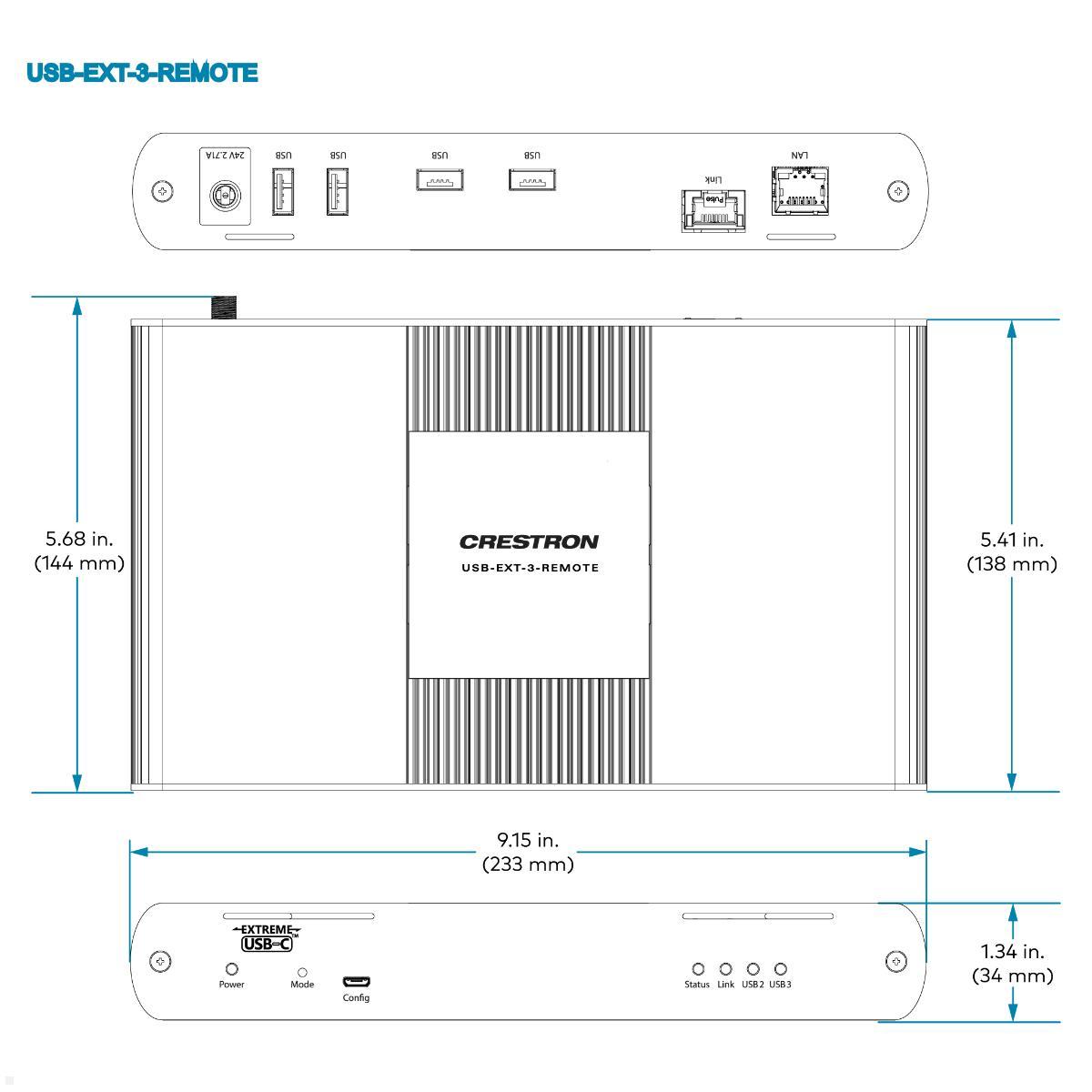 Crestron USB 3.2 Extender über CAT 6a/7 Kabel, lokal / ferngesteuert (USB-EXT-3 KIT) technische Zeichnung REMOTE