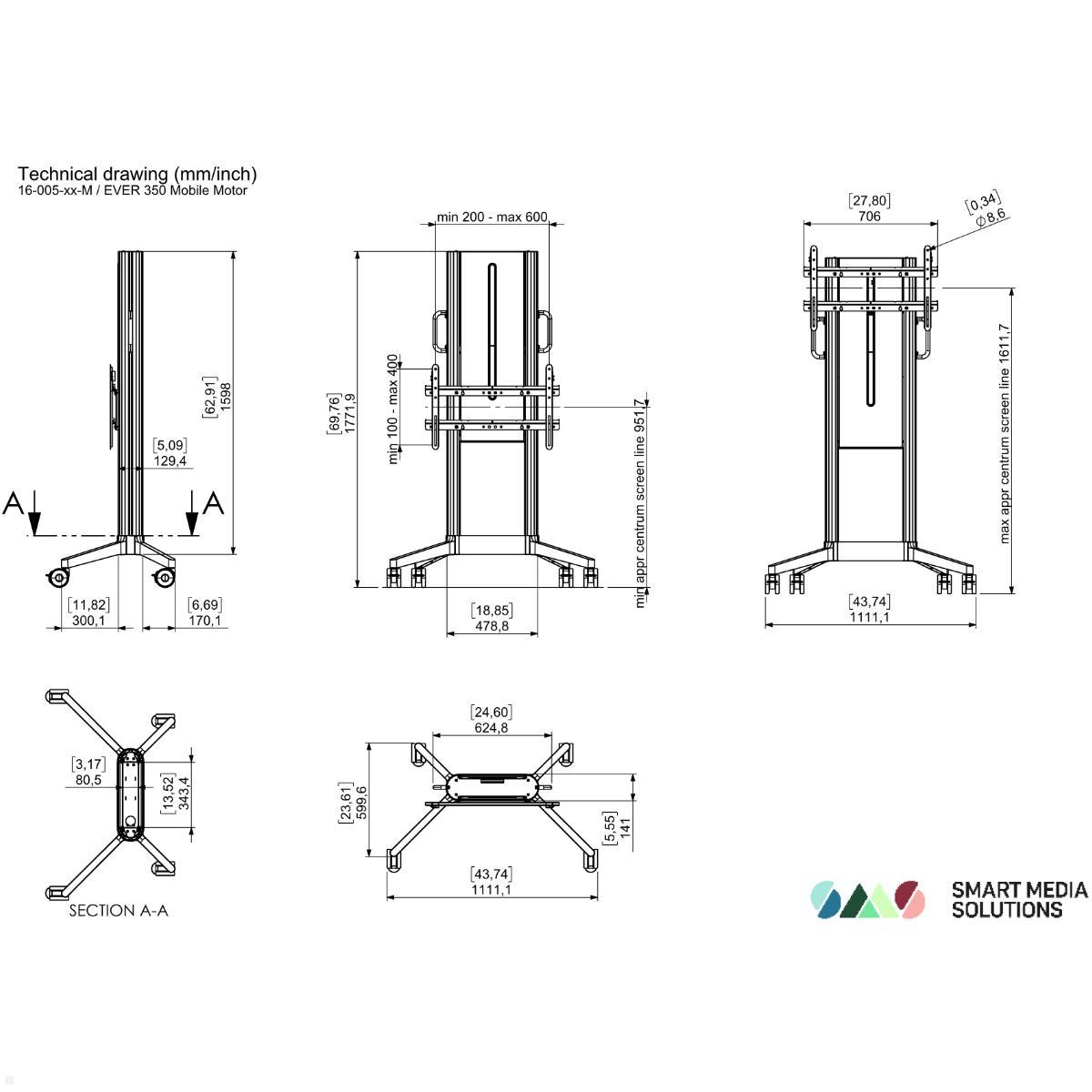 SMS EVER350 mobiler elektrischer TV Ständer 86 Zoll, MDF Cover schwarz (16-005-1E-M), technische Zeichnung