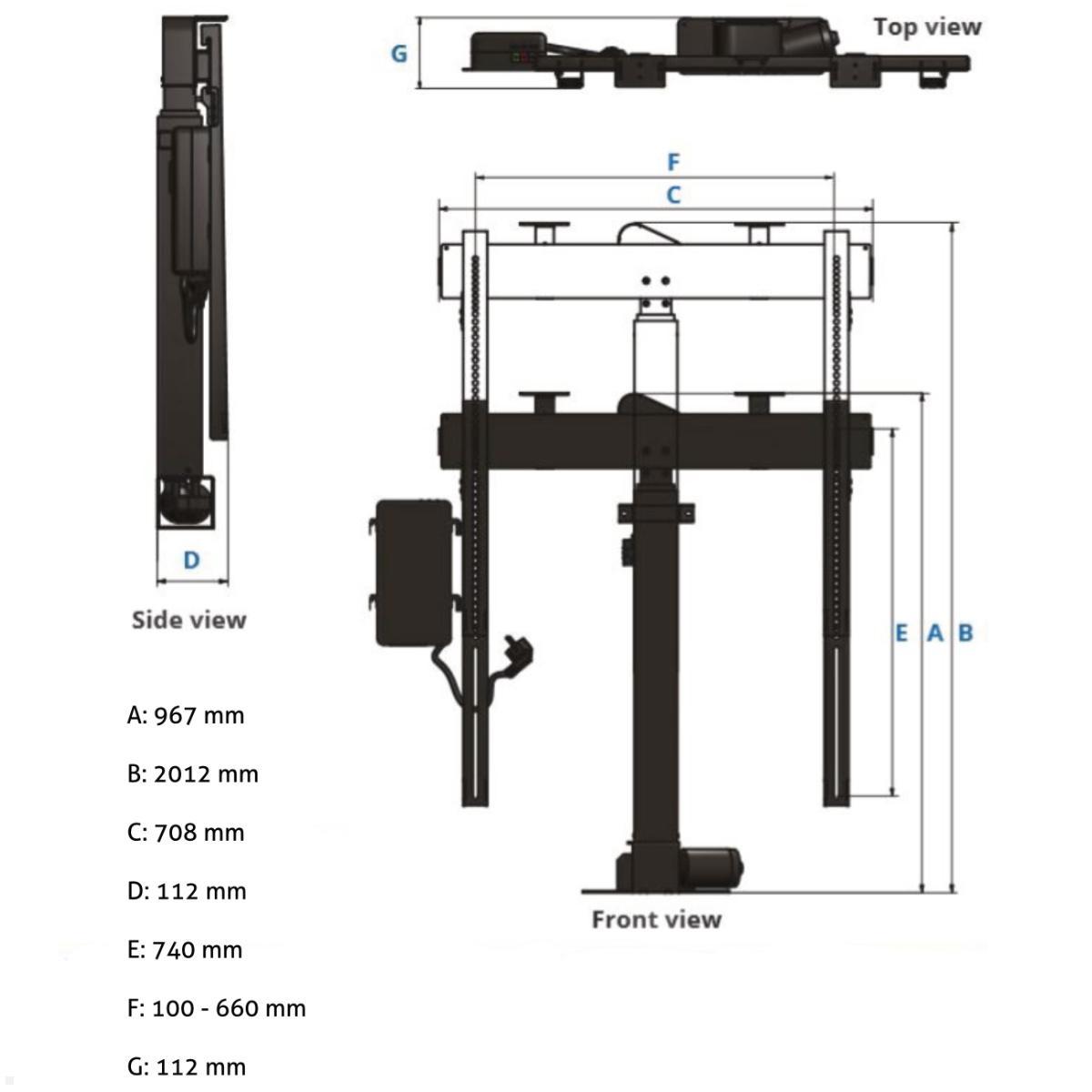 MonLines MLS033B TV Lift bis 75 Zoll, drehbar 90L / 225R, automatische Klappe, technische Zeichnung