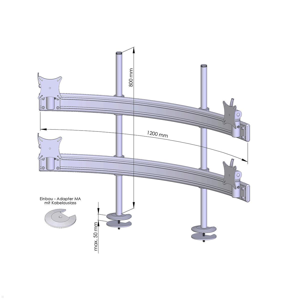 MonLines MTH296G Para 2+2 Monitor Tischhalter Einbau bis 32 Zoll, grau, Zeichnung Maße